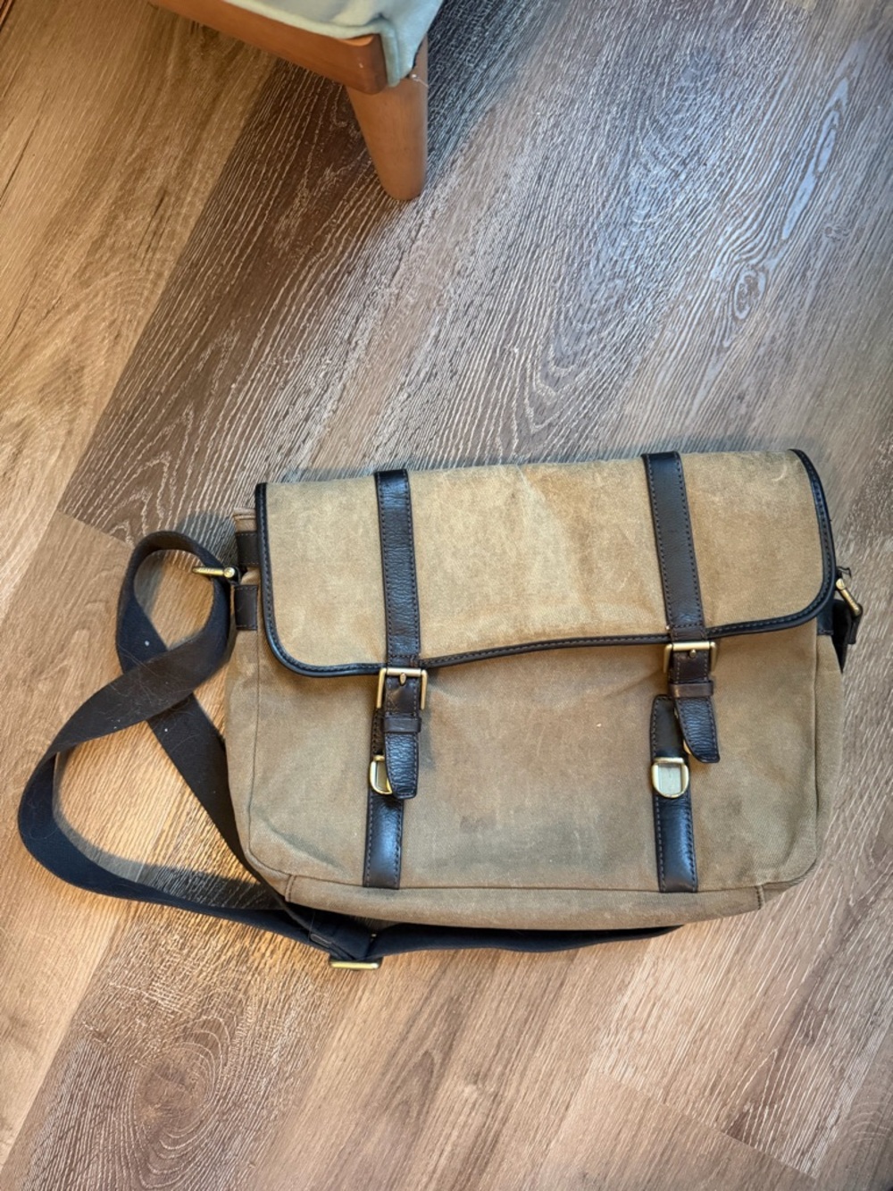 Canvas Messenger Bag with Dark Brown Trim - Fossil